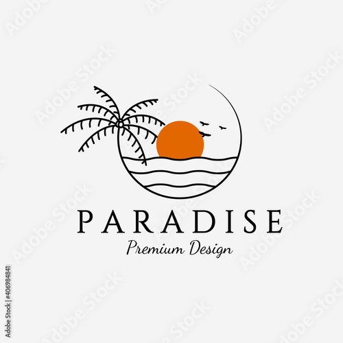 Minimalist Paradise Island, Palm Tree Logo Illustration, Vector of Coconut Tree Line Art Concept, Circle Ocean Template