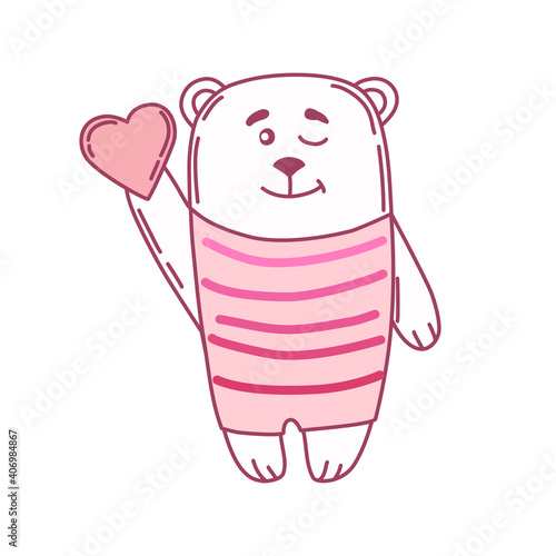 Bear with heart on white background. Cartoon vector character. Greeting card for Valentine's Day, birthday.