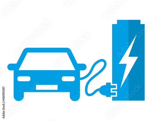 Electric car at the charging station. Blue vector icon illustration pictogram.
