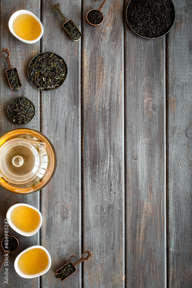 Set of dry leaf tea, overhead view. Asian tea concept Set of dry leaf tea, overhead view. Asian tea concept