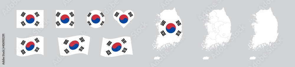 South Korea set national flag and map. Republic of Korea isolated icon. Vector