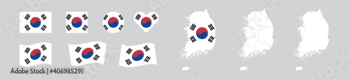 South Korea set national flag and map. Republic of Korea isolated icon. Vector
