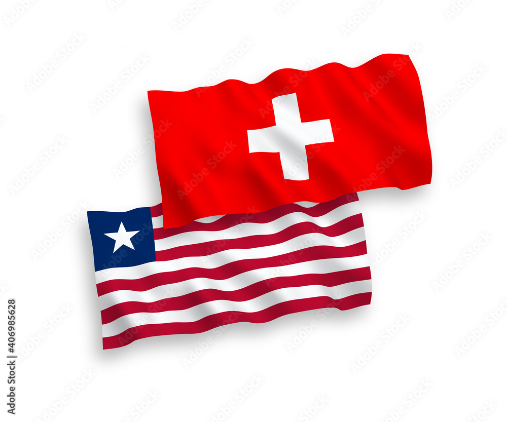 National vector fabric wave flags of Liberia and Switzerland isolated on white background. 1 to 2 proportion.