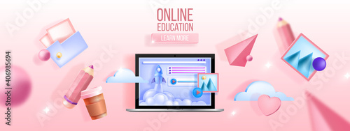 Online education vector concept, e-learning, computer training, remote courses, webinar web background. Digital internet video tutorial, lecture, classes 3D banner. Online education, study with laptop