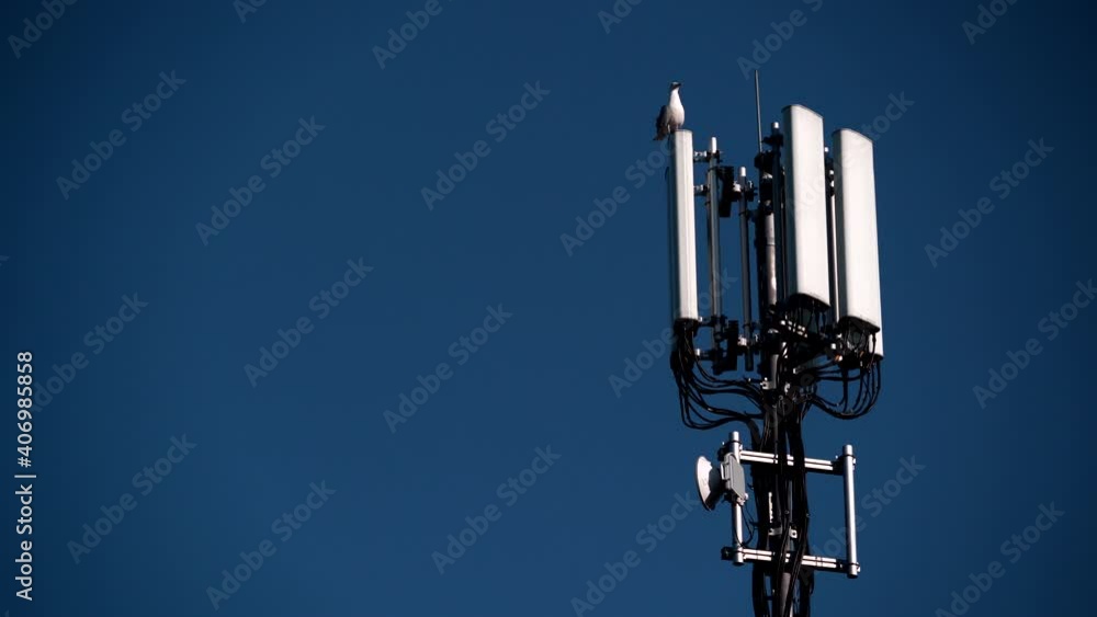 Mobile telephone radio network antenna 4G or 5G on telecommunication mast against sky. New technology generation. Radiation, human health issues. Mobile telephone radio network antenna 4G or 5G on telecommunication mast against sky. New technology generation. Radiation, human health issues.