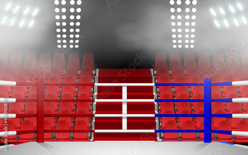 Boxing ring with spotlight and red seat in the hall