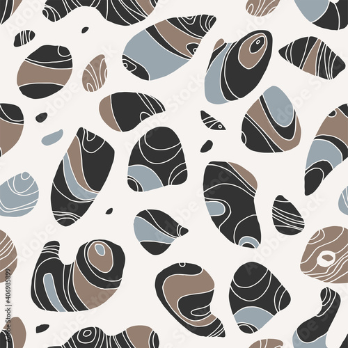Vector pebbles seamless pattern. Hand drawn stones repeat. Natural organic lines, waves. Neutral earthy colors background. Zen spa relaxation beach backdrop. Trendy curves endless texture illustration