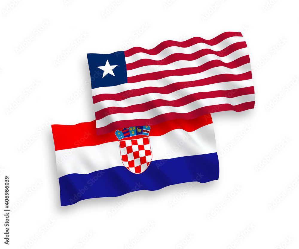 Obraz premium National vector fabric wave flags of Liberia and Croatia isolated on white background. 1 to 2 proportion.