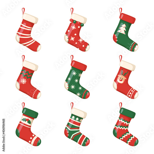 Christmas socks with gifts, New Year stocking, vector Xmas winter holiday icons. Christmas socks hanging with Santa sweets gifts, Xmas decoration red green socks with snowflakes and reindeer ornament