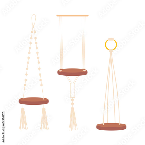 icon set of decorative macrame hangers for plants, colorful design