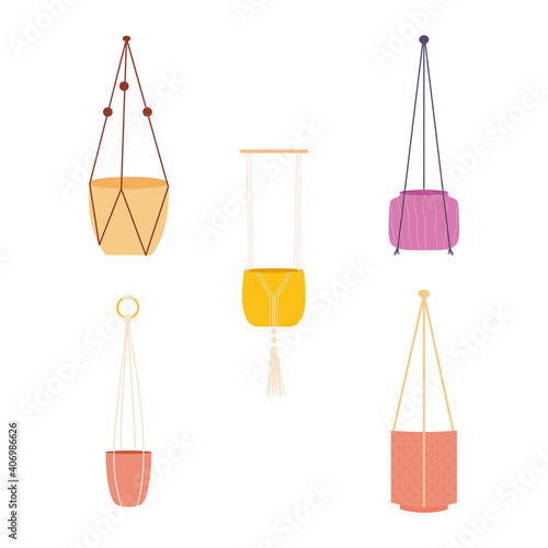 icon set of decorative macrame hangers with pots for plants, colorful design