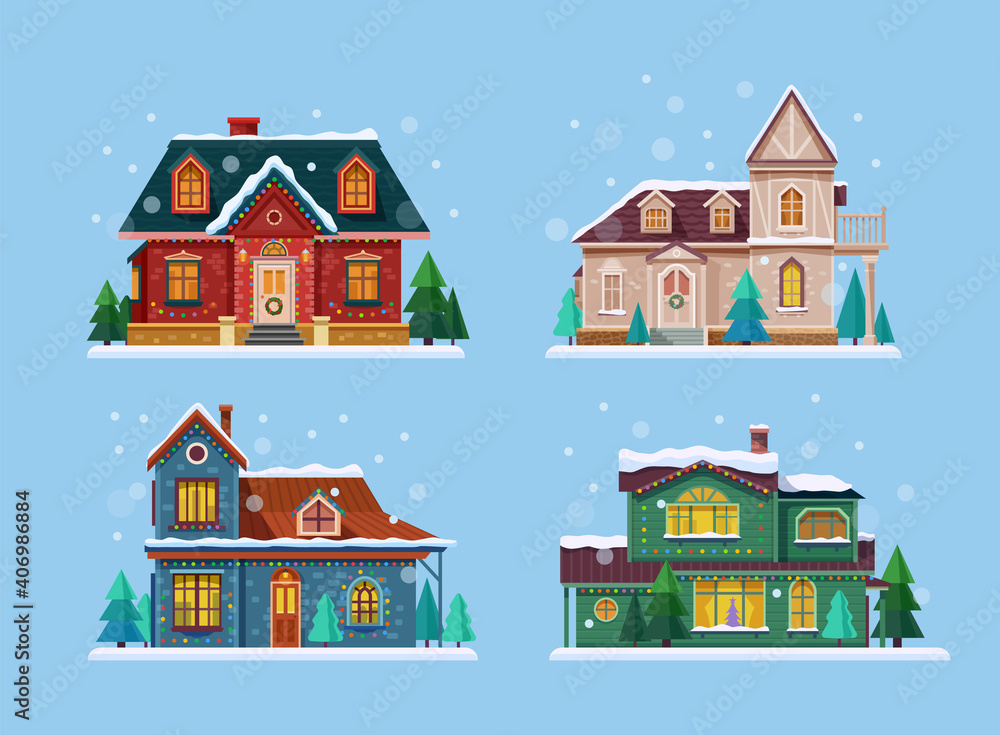 Set of isolated decorated buildings for 2021 new year and christmas. Building with snowman and fir tree at yard, construction facade with lanterns for xmas. Holiday and celebration,winter architecture