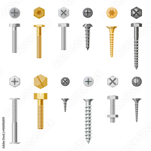 Set of isolated screw and nails. Vector bolt with different nut for drill. Engineering and building tool, construction repair. Hexahedron torx and rivet, mechanical hook fastener. Workshop assortment