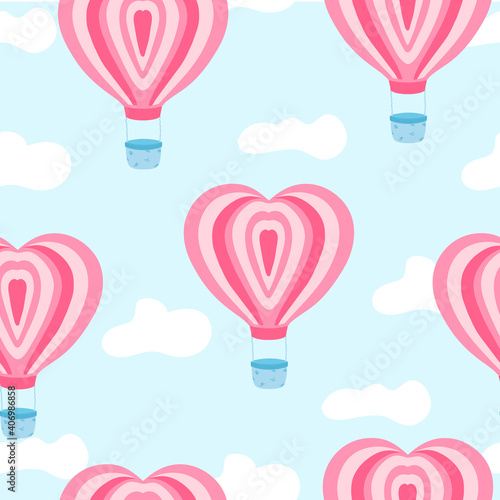 Cute pattern with pink air ballon with heart shape in the sky with clouds. vector