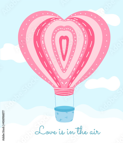 Cute pink air ballon with heart shape in the sky with clouds. Postcard for Valentines day, invitation. Vector illustration