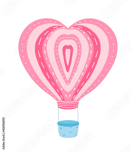 Cute pink air ballon with heart shape. Isolated on white background. Vector