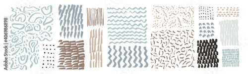 Vector hand drawn textures. Uneven natural hand-crafted lines, curved shapes, dots, daubs, smears, undulating waves, fluid shapes, patterns, organic details, brush strokes. Organic design elements