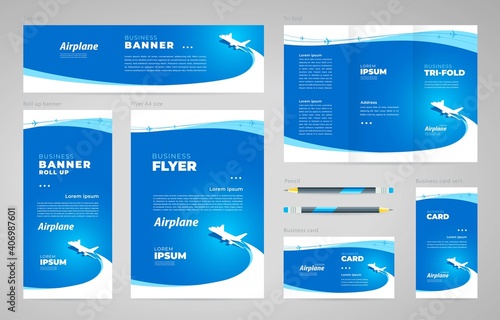 Airplane flight transportation theme Set flyer cover, tri-fold, banner, roll up banner, business card blue color
