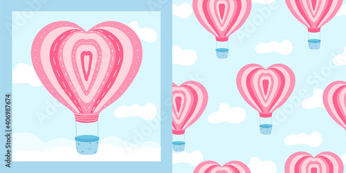 Cute pink air ballon with heart shape in the sky with clouds amd seamless pattern with it. Postcard for Valentines day, invitation. Vector