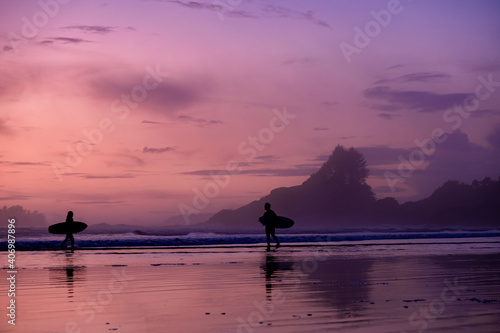Принти на полотні Tofino Vancouver Island Pacific rim coast, surfers with board during sunset at t
