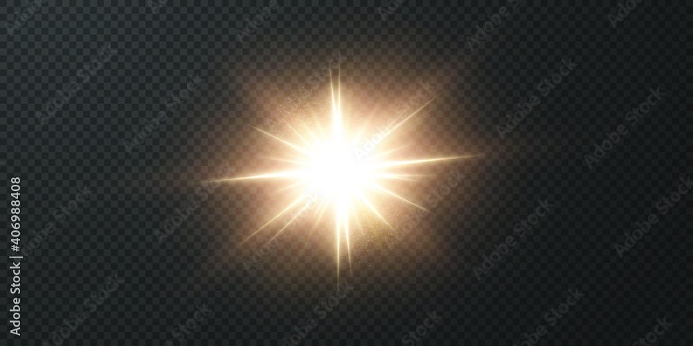 The sun is shining brightlight rays with realistic glare. Light star on a transparent black background. Light star gold png. Light sun gold png. Light flash gold png. Powder png.