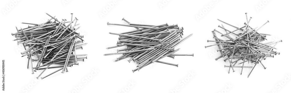 Set with sharp metal nails on white background, banner design Set with sharp metal nails on white background, banner design