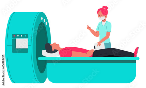 Doctor in mask with patient, making magnetic resonance imaging. Flat design illustration. Vector