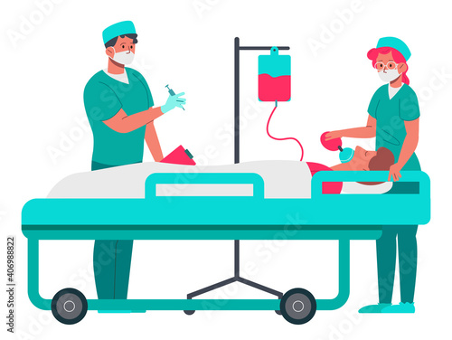 Medical treatment, patient with doctor and nurse in masks. Flat design illustration. Vector