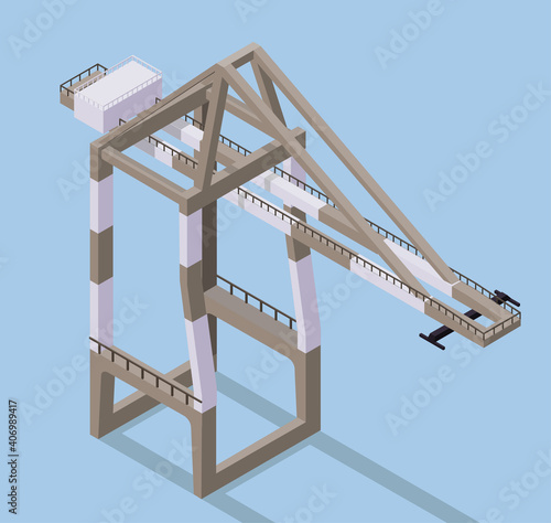 Vector isometric illustration of cargo crane. Port crane in docks.