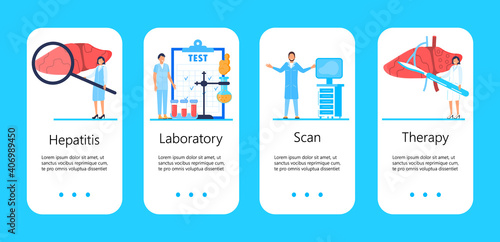 Hepatitis A, B, C, D, cirrhosis apps. World hepatitis day concept. Tiny doctors treat liver. Laboratory, blood test are shown. Blue templates vector for mobile website development