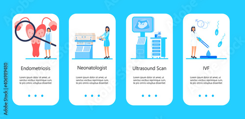 Endometriosis, endometrium dysfunctionality app templates. Perinatal center concept vector for landing page. Doctor are doing ultrasound fetus screening checkup