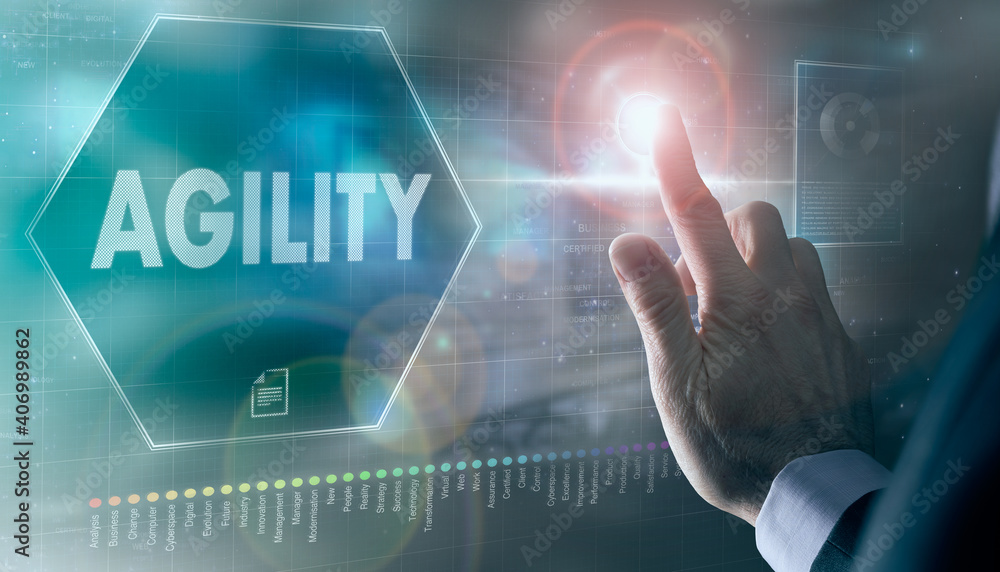 Αυτοκόλλητο A businessman controlling a futuristic display with a Agility business concept on it