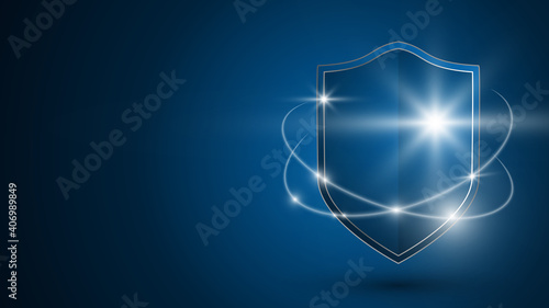 Glowing shield on a dark blue background. Concept of data protection, cybersecurity, security system. Technologies of the future. Realistic 3d vector