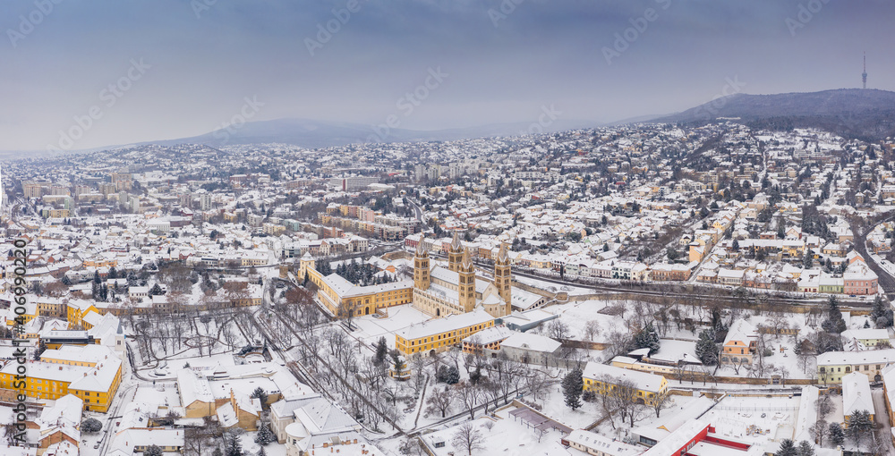 aerial view of Pecs, Hungary at winter