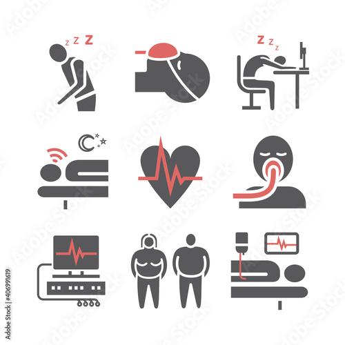 Sleep Apnea. Symptoms, Treatment. Flat icons set. Vector signs for web graphics.