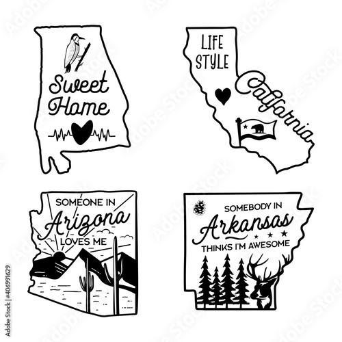 US states line art logo designs set. Camping adventure badges emblems. American labels bundle - Arizona, Alabama, Arkansas, California. Silhouette linear concept. Stock vector collection