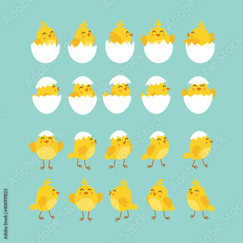 Cute cartoon chicken set. Funny yellow chickens in different poses, vector illustration
