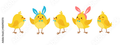 Cute cartoon chicken set. Funny yellow chickens with Bunny Hears in different poses, vector illustration