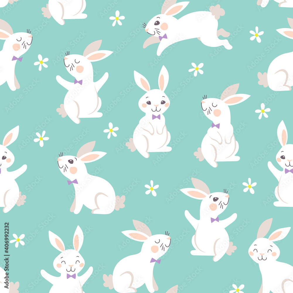Bunny Seamless Pattern. Happy Easter. Happy Cute Easter Bunnies. Vector seamless texture with many Funny Bunnies