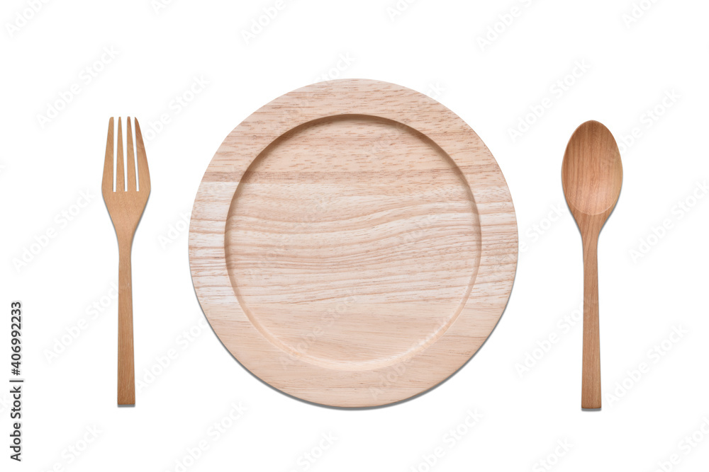 Top view, Wooden cutlery sets and plates made from natural materials are handmade by villagers on white background. Top view, Wooden cutlery sets and plates made from natural materials are handmade by villagers on white background.