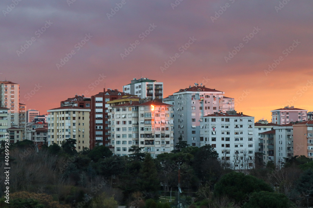 sunset over city