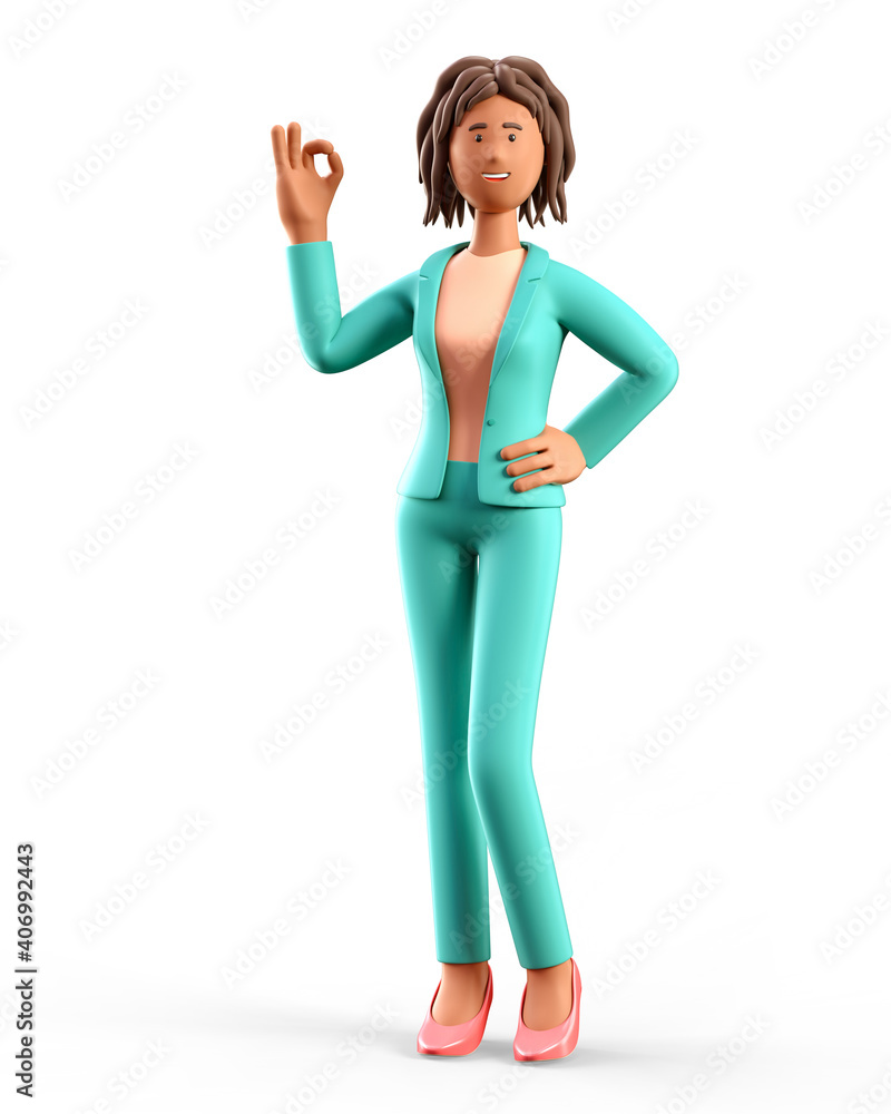 3D illustration of standing african american woman showing ok gesture. Portrait of cartoon smiling elegant businesswoman in green suit with okay sign, isolated on white background. 3D illustration of standing african american woman showing ok gesture. Portrait of cartoon smiling elegant businesswoman in green suit with okay sign, isolated on white background.