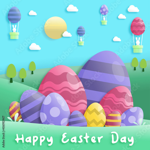 Happy easter day in paper art style with rabbit and easter eggs. greeting card, posters and wallpaper. Vector illustration.