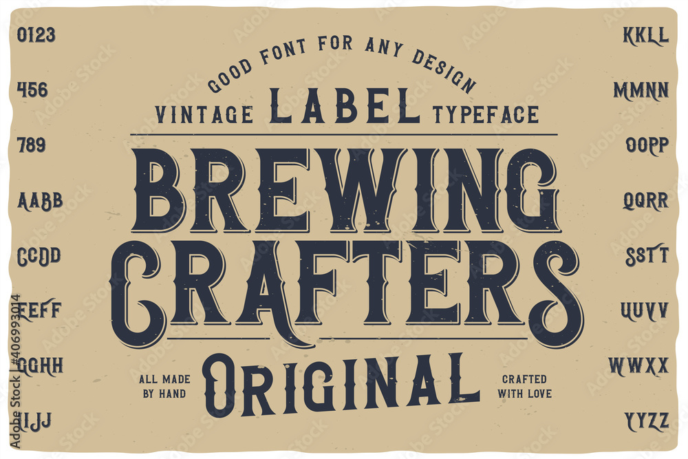 Vintage label font named Falange. Retro typeface with letters and numbers for any your design like posters, t-shirts, logo, labels etc.