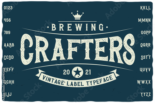 Vintage label font named Falange. Retro typeface with letters and numbers for any your design like posters, t-shirts, logo, labels etc.