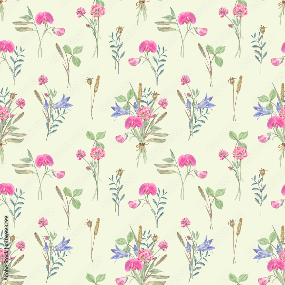 Seamless pattern with wild flowers - bluebells, sweet peas, herbs and clover on green light isolated background. Watercolor botanical illustration. Perfect for cottagecore and farmhouse styles.
