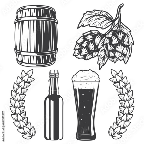 Isolated illustrations set - beer bottle, mug, barrel and hop