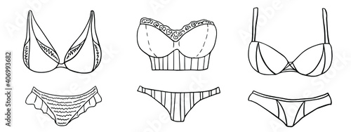 Collection of sketches of women's underwear.Vector isolated elements. Doodle illustration.