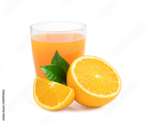 Glass of fresh orange juice with fruits cut in half and sliced with green leaf isolated on white background, clipping path