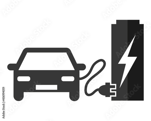 Electric car at the charging station. Grey black vector icon illustration pictogram.